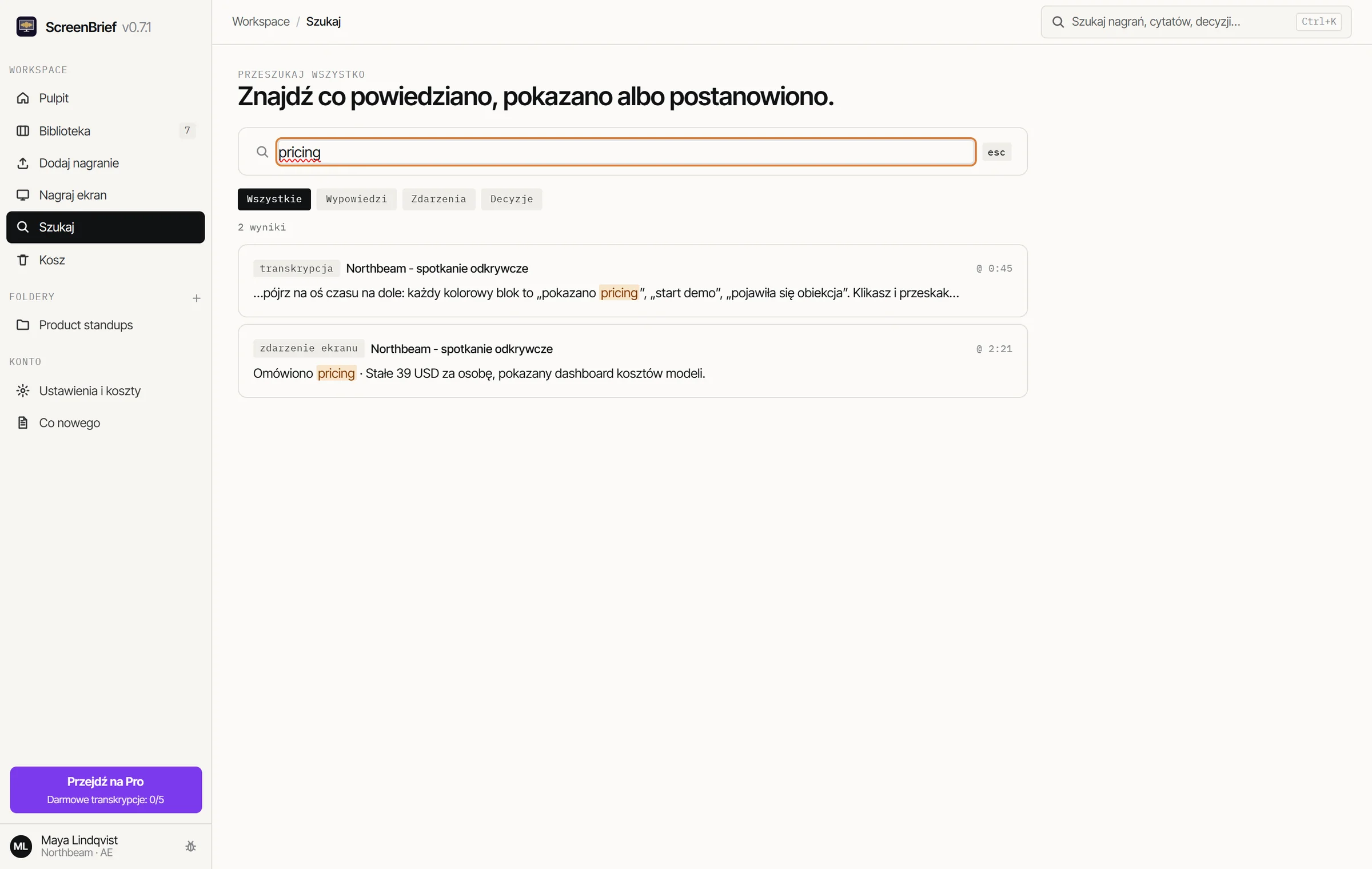 Wyszukiwanie pełnotekstowe w transkryptach ScreenBrief